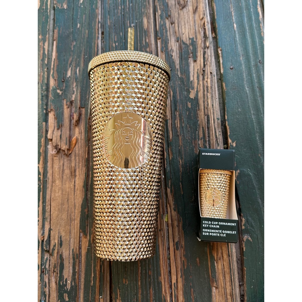 Starbucks 2021 Gold Studded 24oz Venti Tumbler & 2022 Ornament Key Chain Set